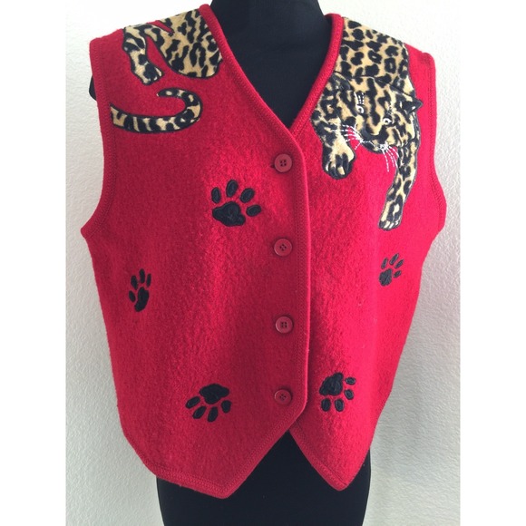Lisa International Petite Jackets & Blazers - LISA INTERNATIONAL Women Pefite Vest Red Leopard paws 100% Boiled Wool Size PM